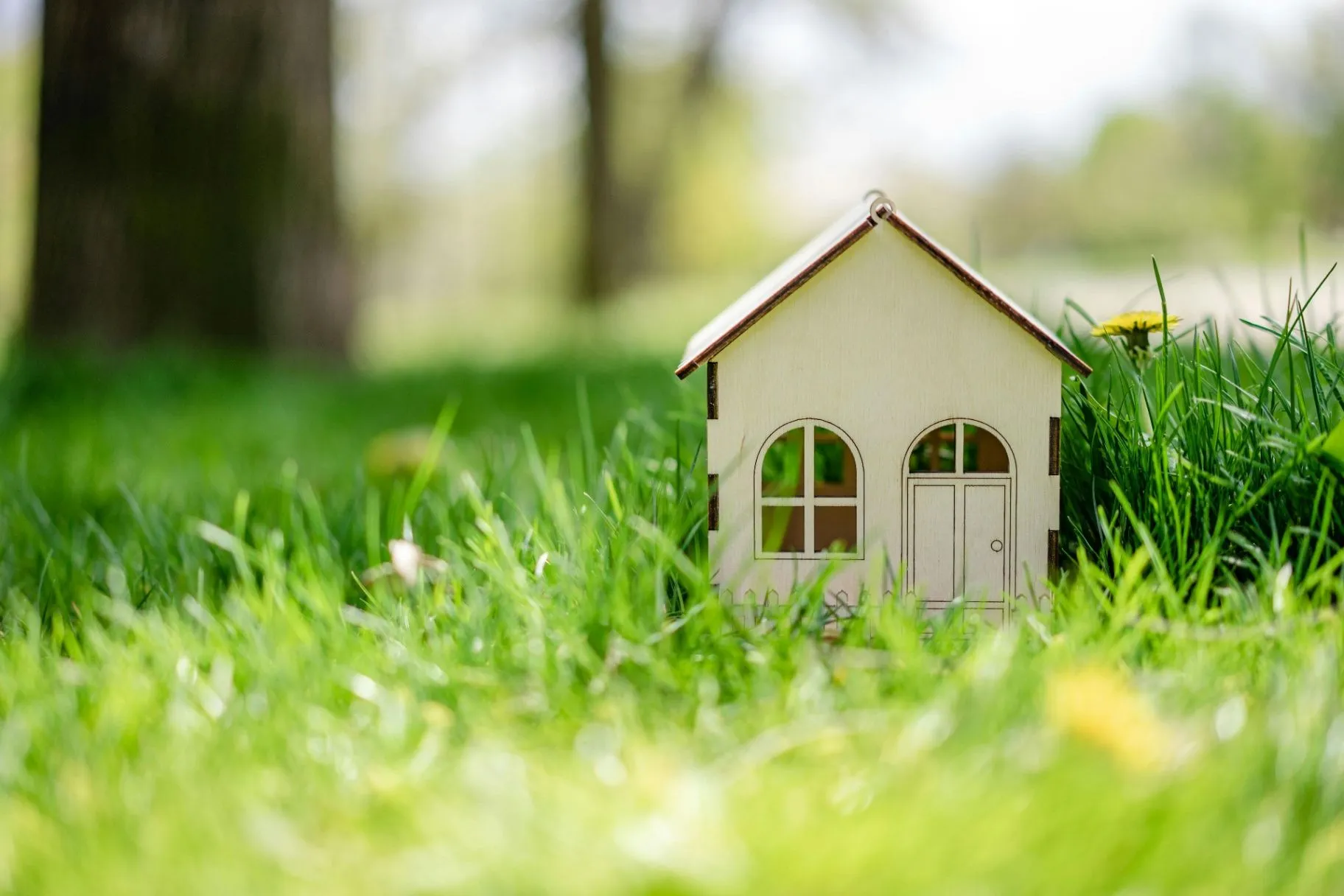 Small wooden toy house standing in bright green grass
